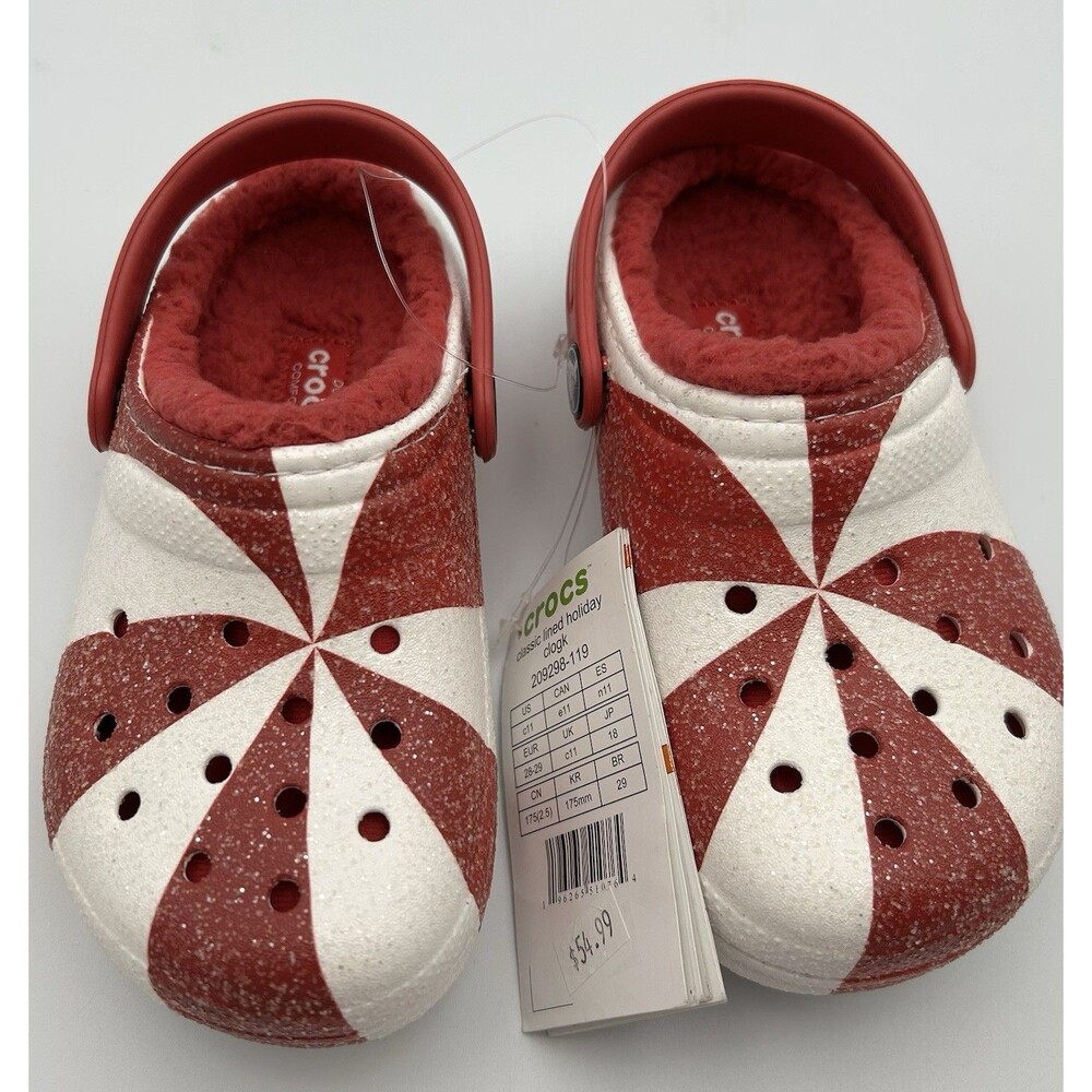 Crocs Lined Holiday Candy Cane Clogs Kids Size 11 209298-119 Christmas NWT